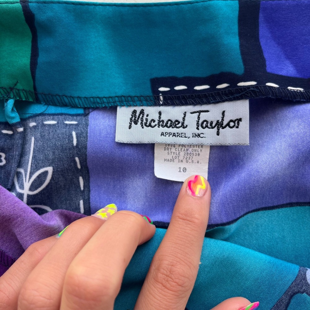Vintage Michael Taylor 10 Teal Purple Geometric Pattern Pencil Skirt 90 USA Chic - Picture 3 of 10